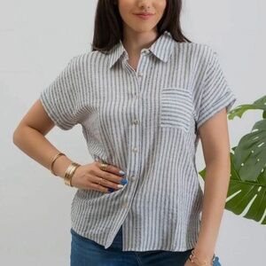 Blu Pepper Button Collared Black and White Stripe Top